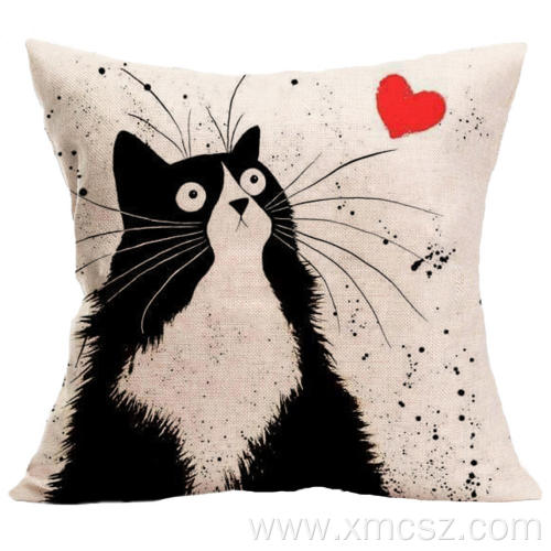 Black and white cat linen cushion cover